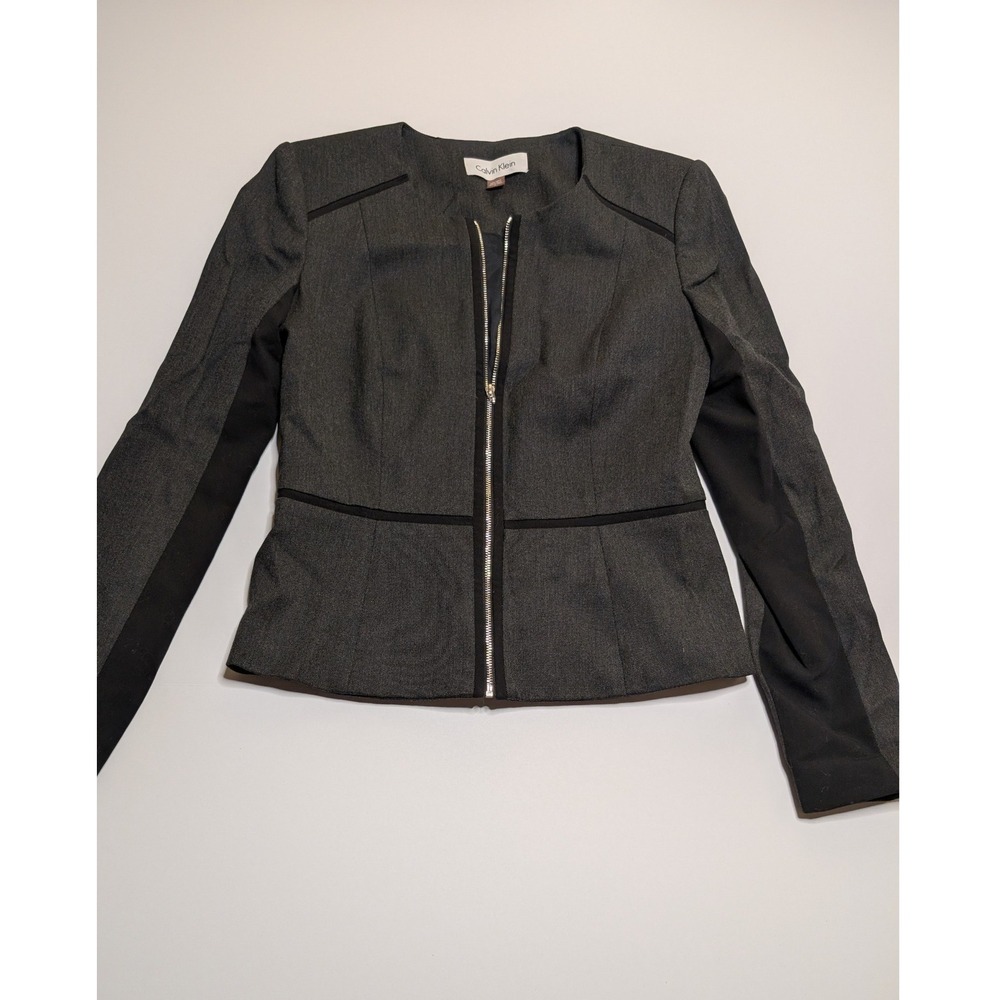 Calvin Klein Women Charcoal Grey Zip Front Collarless Peplum Blzr Jacket Size 4